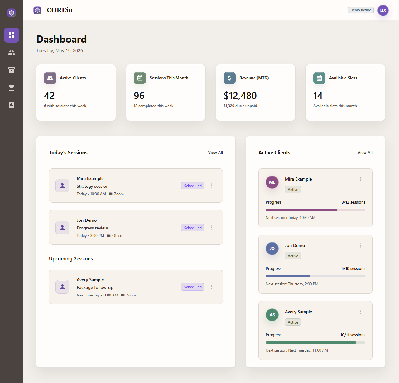 Coreio dashboard demo screenshot