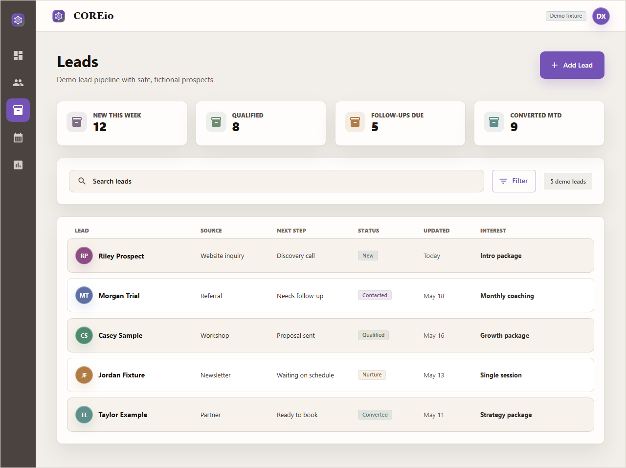 Coreio leads demo screenshot